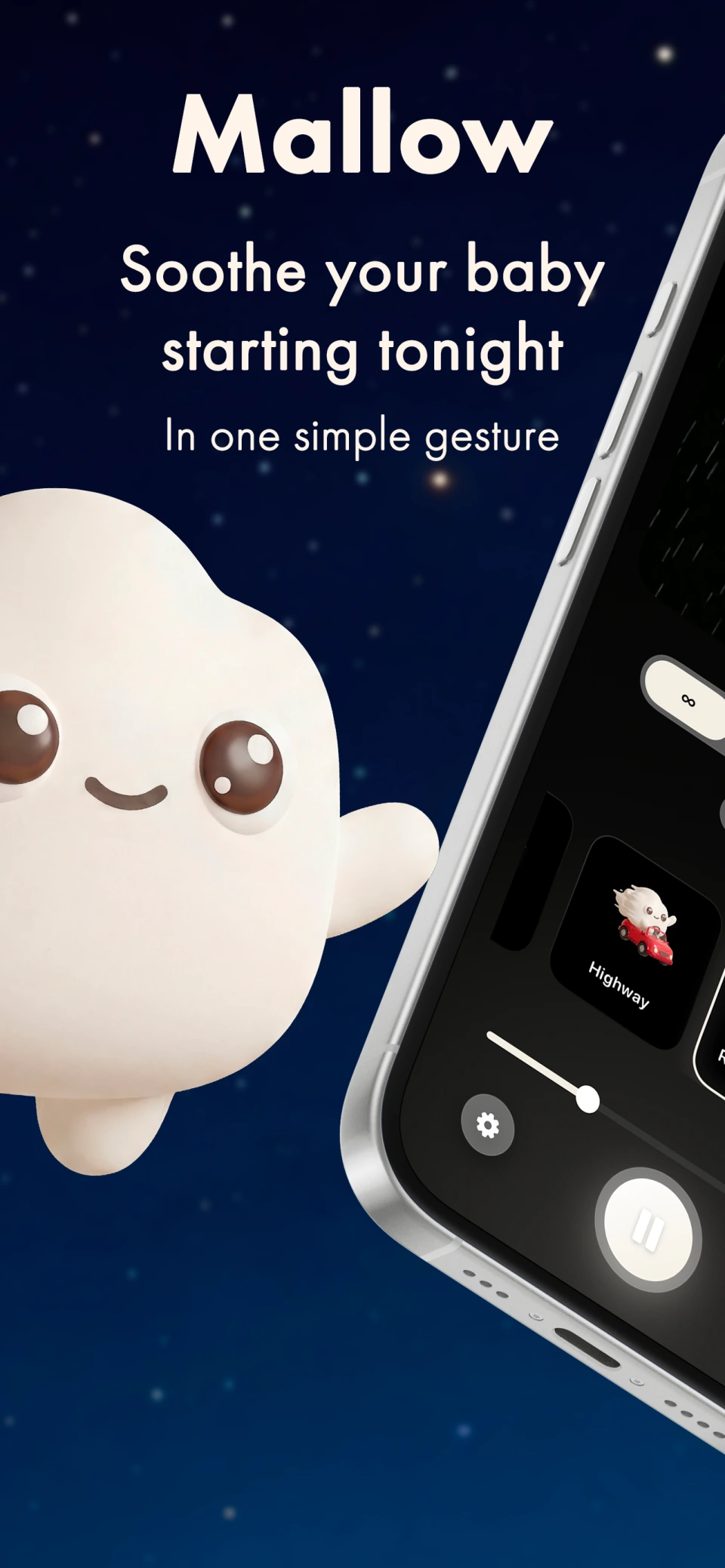 Mallow home screen presenting a baby-soothing app in one simple gesture