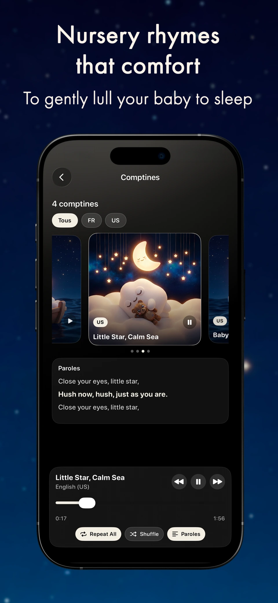 Mallow nursery rhymes player with bedtime artwork and playback controls