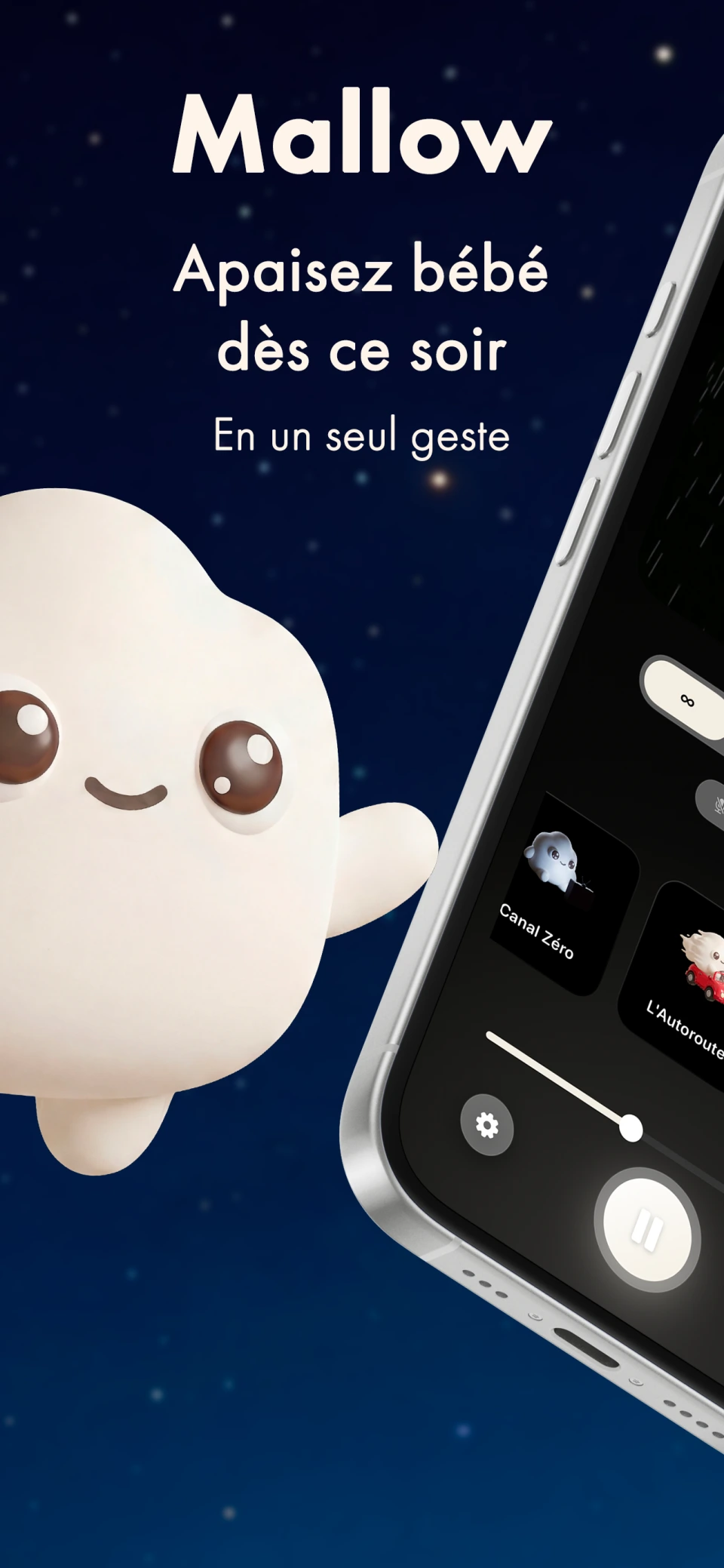 Écran d'accueil Mallow présentant une application pour apaiser bébé rapidement