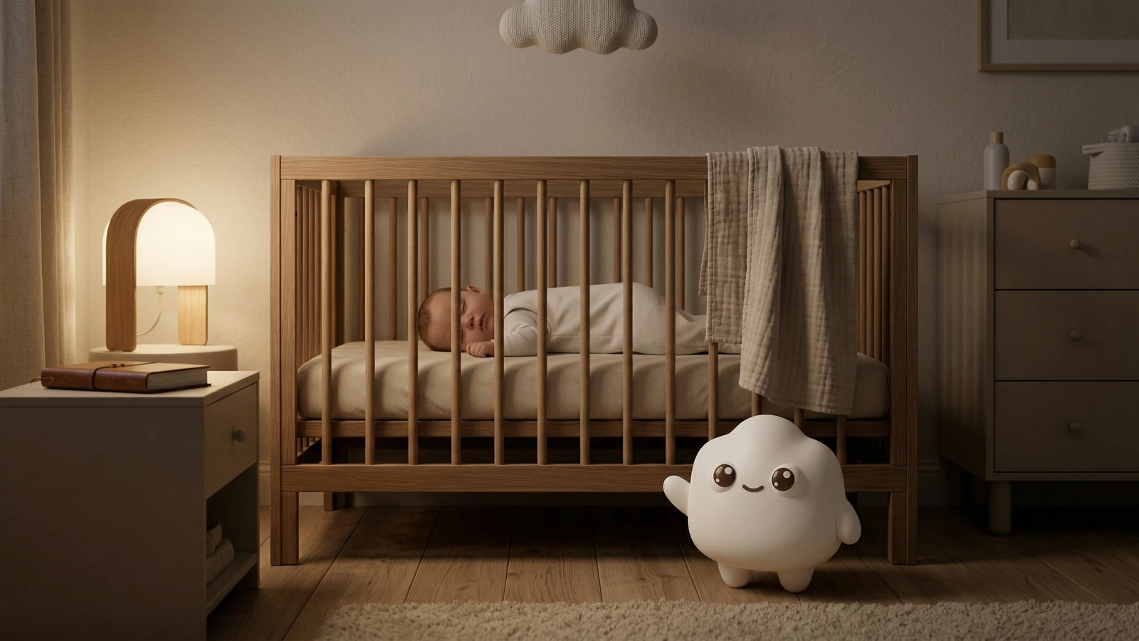 Baby falling asleep in a soft bedroom with a steady soothing sound in the background