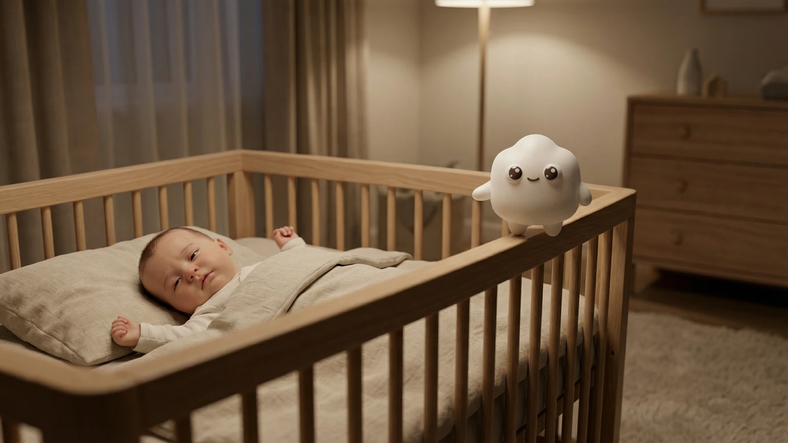 Light-sleeping baby in a calm bedroom with steady background sound