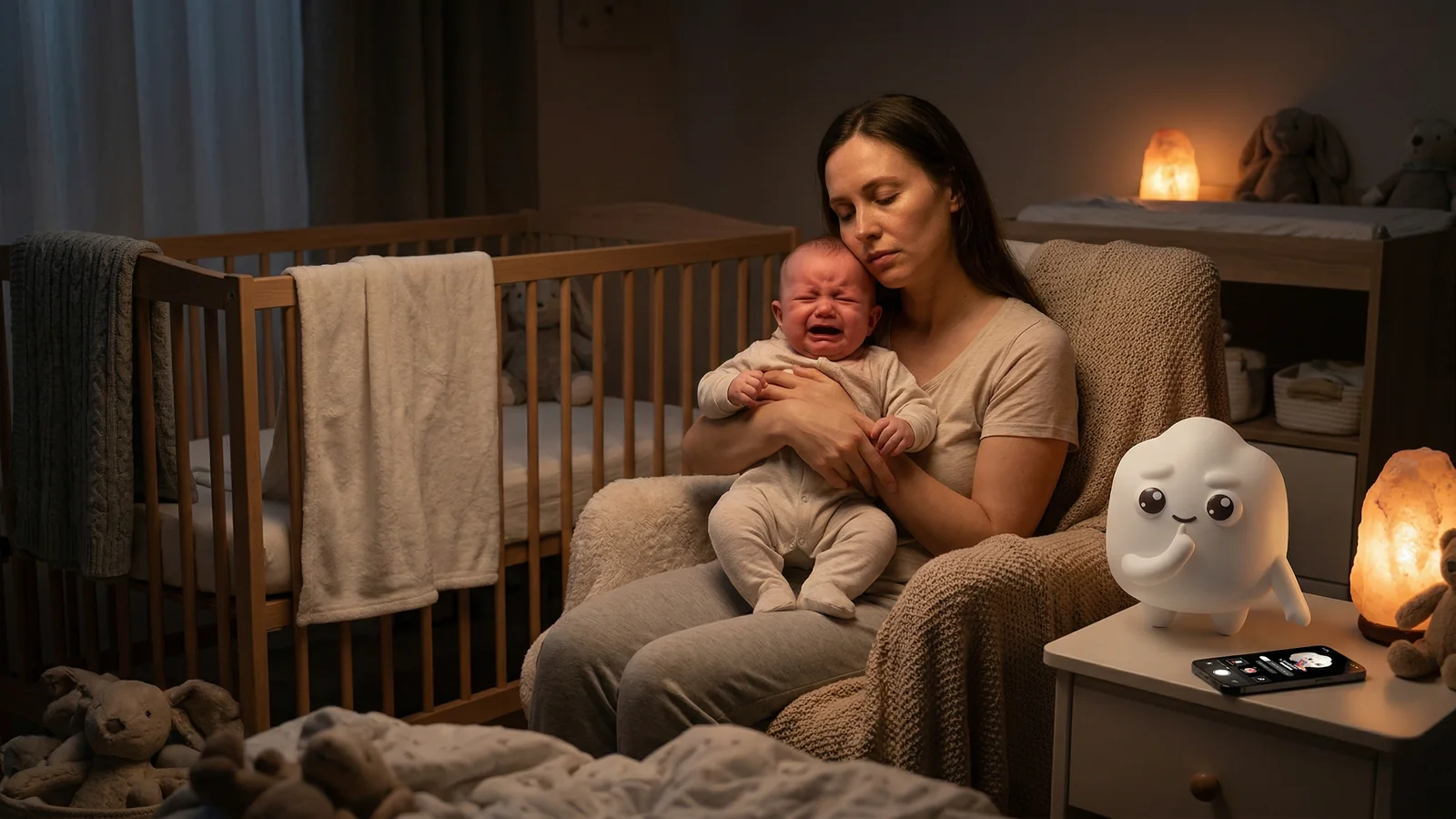 Parent soothing baby at night with an iPhone