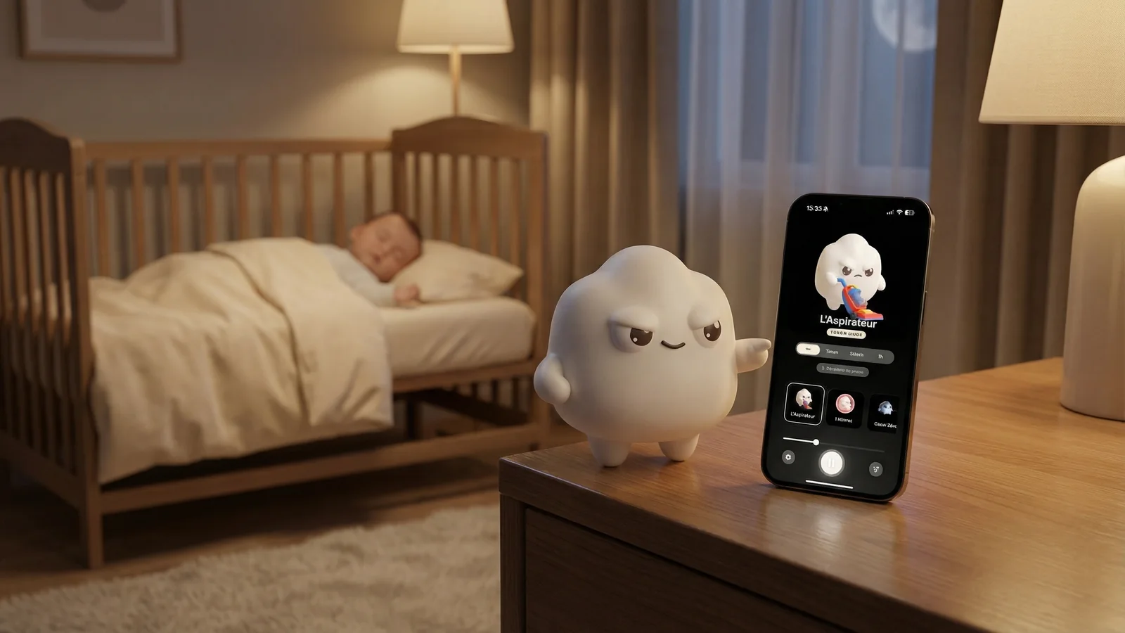 Baby white noise app on iPhone in a calm bedroom at bedtime